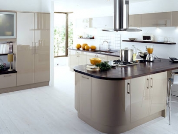Avant Cappuccino high gloss kitchen with a curved island