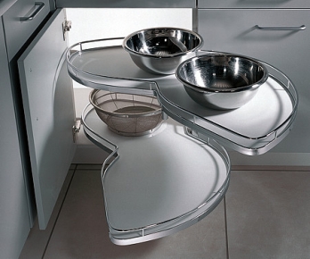 Le Mans pull-out corner storage shelves swung out of a base unit